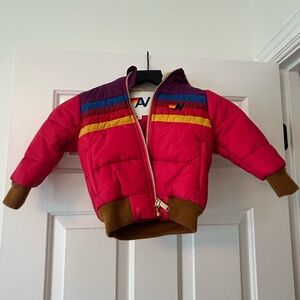 Aviator Nation Kids Puffer Jacket in Bright Pink with Rainbow Stripe